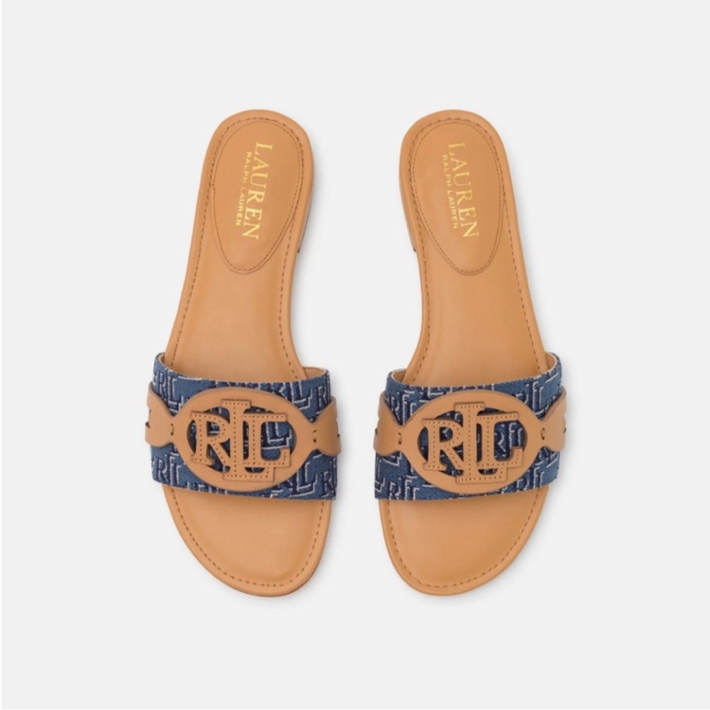 Ralph Lauren Tan and Navy Slide Sandals